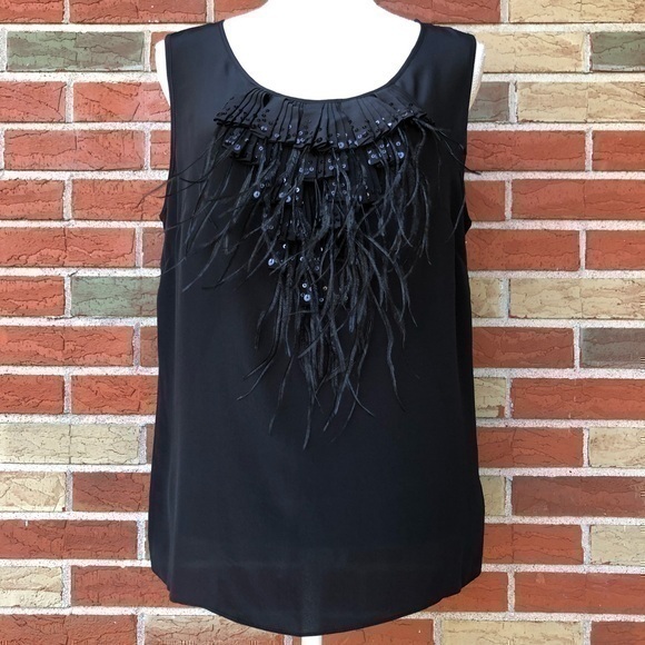 Talbots Ostrich Feather NWT Sequin Silk Black Sheer Sleeveless Blouse 👚 - Picture 1 of 12